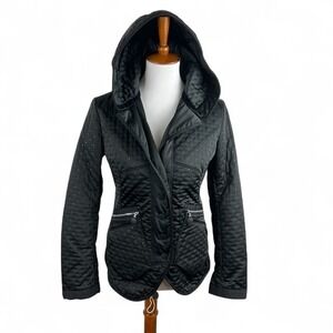High Use Black Quilted Studded Hooded Jacket Leather Tie Back Size 6